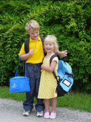 Teddy and Kayleigh waiting for the bus on the first day of school.  Click to enlarge.